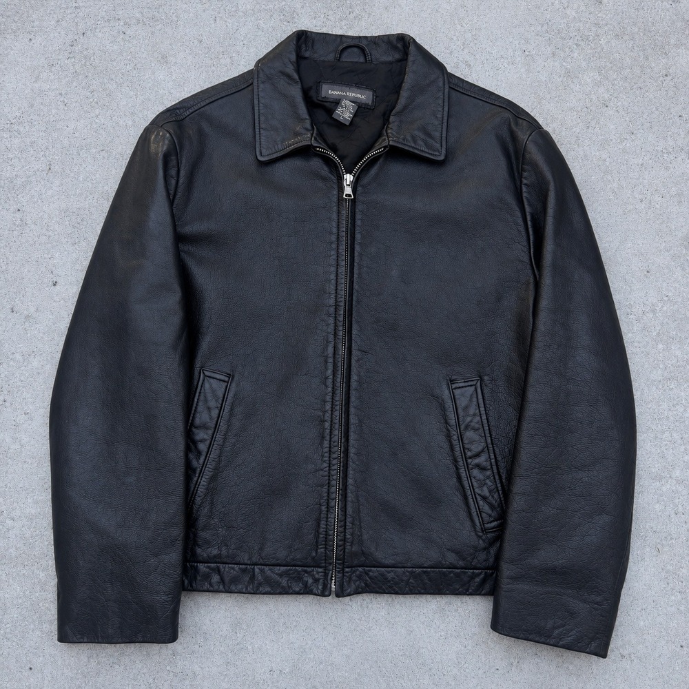 Banana Republic Black Leather Full Zip Quilted Lined Jacket Large L Cinch Back